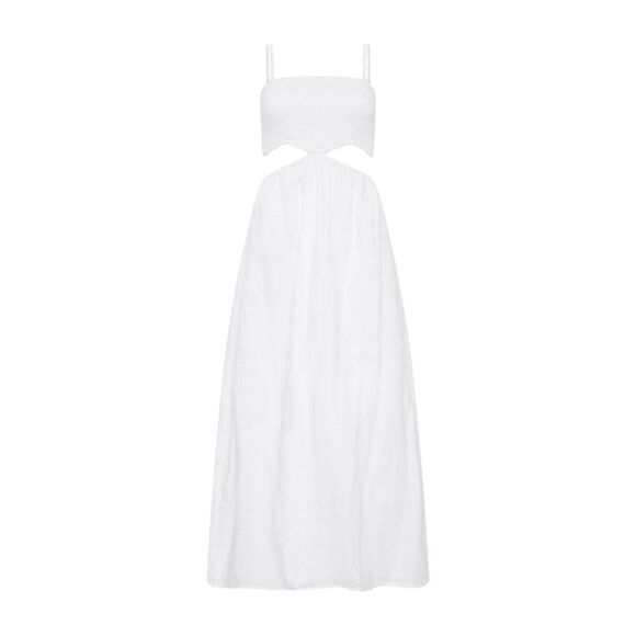 Faithfull the Brand Linen Smocked Tayari Midi Beachy Dress Women's 8 White NWT - Picture 2 of 16